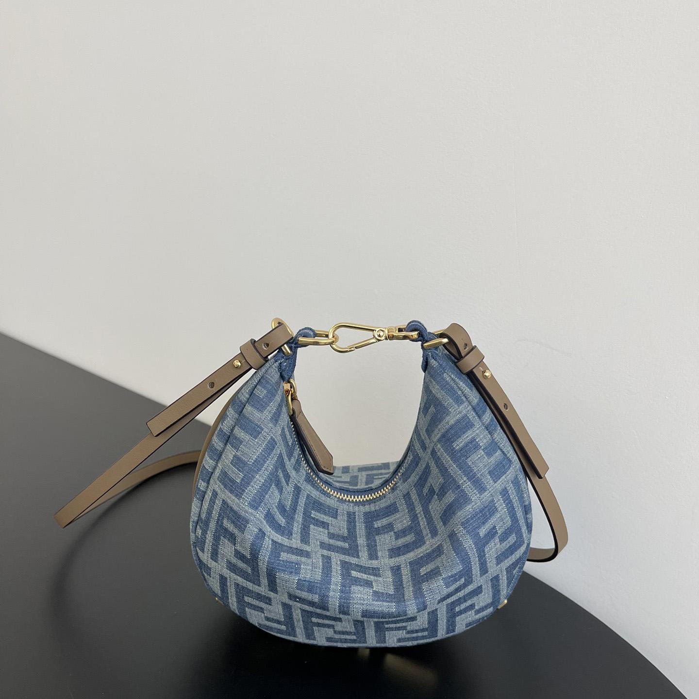 Fendi Women's Blue Graphy Mini Ff Denim & Leather Hobo Bag  - PerfectKickZ