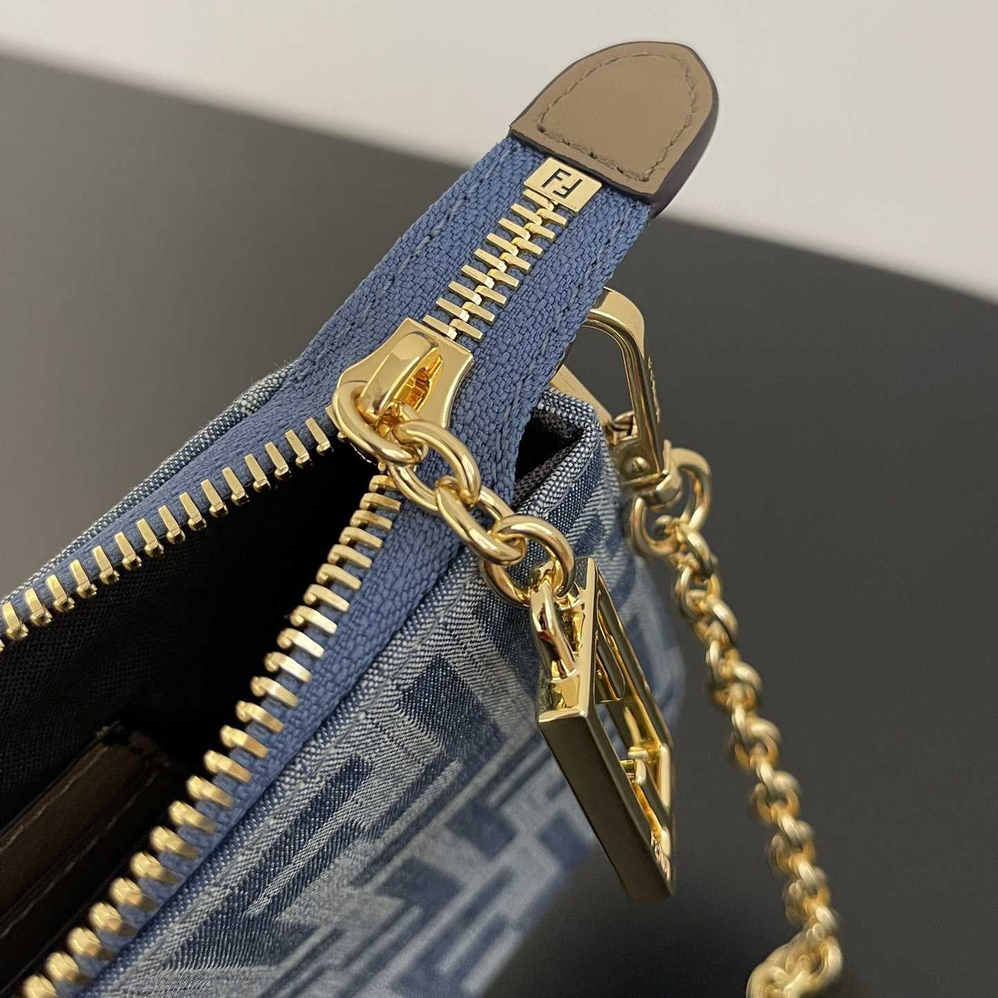 Fendi Baguette Pouch Light Blue FF Denim Fabric Pouch With Chain - PerfectKickZ