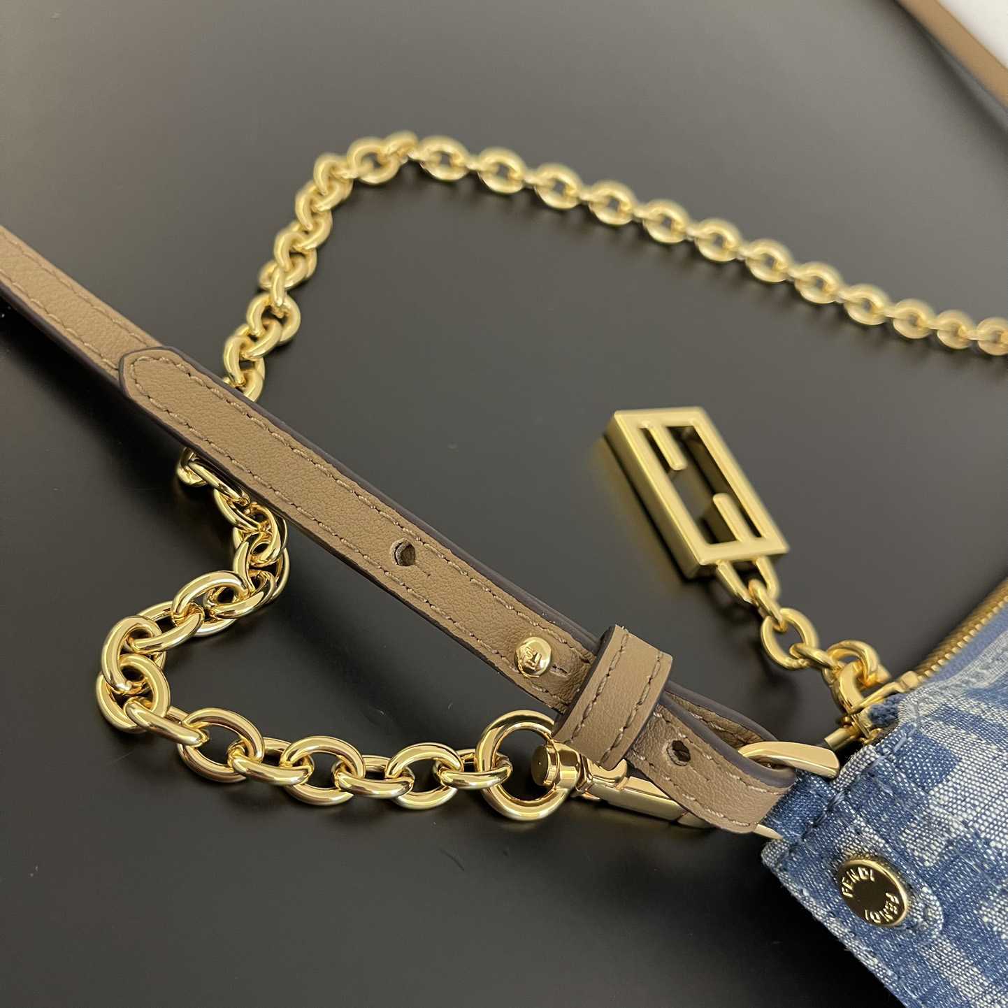Fendi Baguette Pouch Light Blue FF Denim Fabric Pouch With Chain - PerfectKickZ