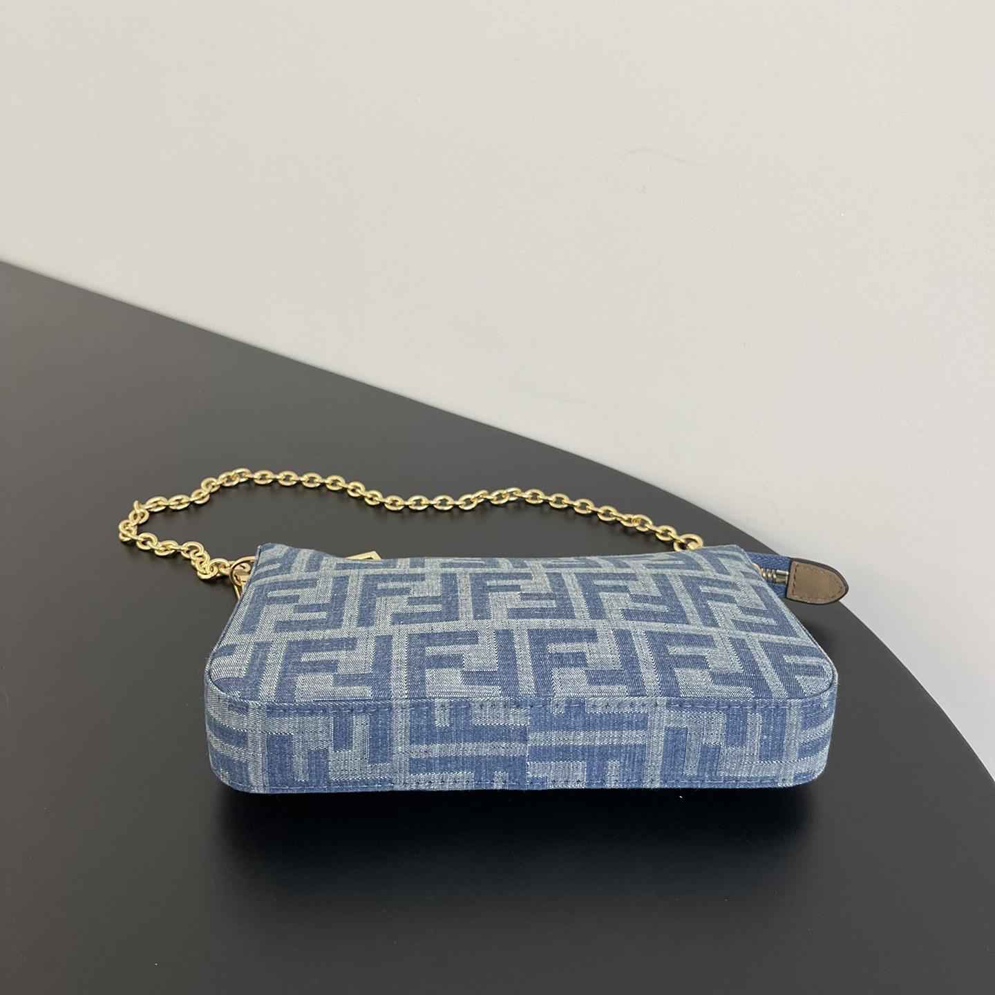 Fendi Baguette Pouch Light Blue FF Denim Fabric Pouch With Chain - 