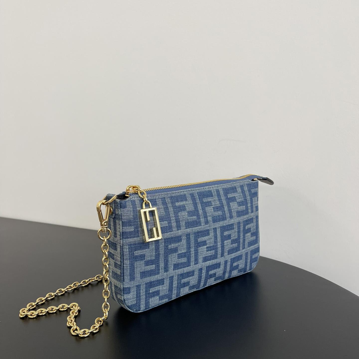 Fendi Baguette Pouch Light Blue FF Denim Fabric Pouch With Chain - 