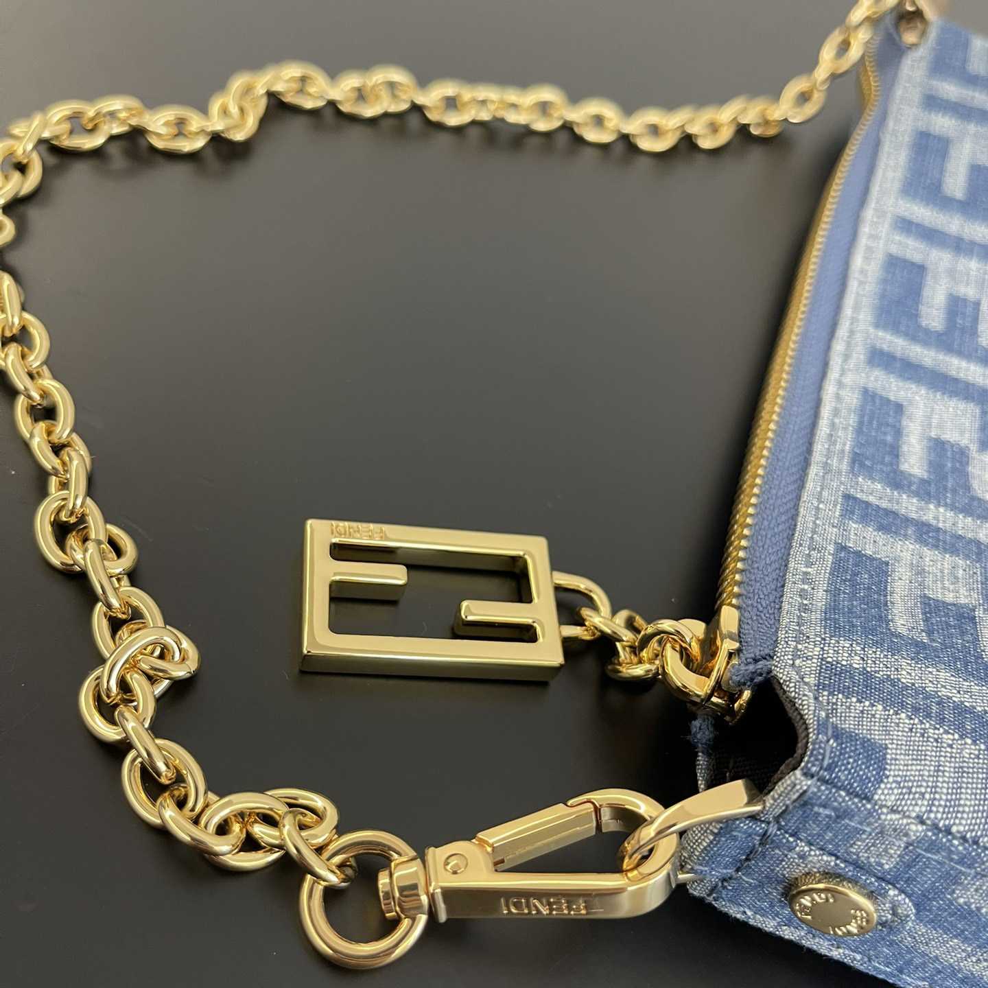 Fendi Baguette Pouch Light Blue FF Denim Fabric Pouch With Chain - 