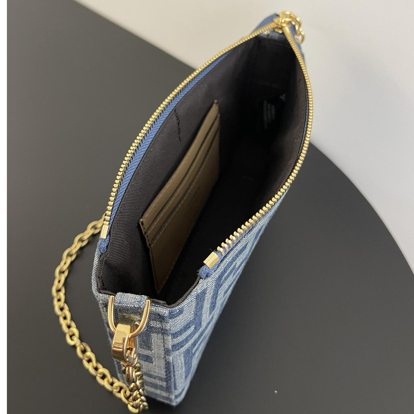 Fendi Baguette Pouch Light Blue FF Denim Fabric Pouch With Chain - 