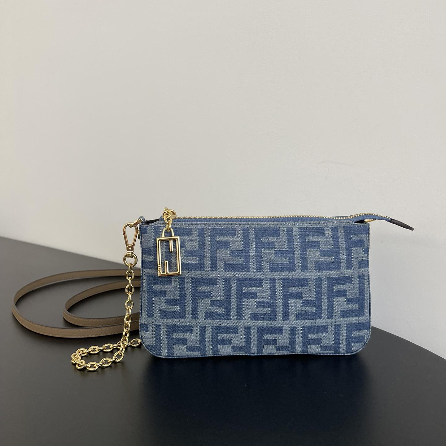 Fendi Baguette Pouch Light Blue FF Denim Fabric Pouch With Chain - PerfectKickZ