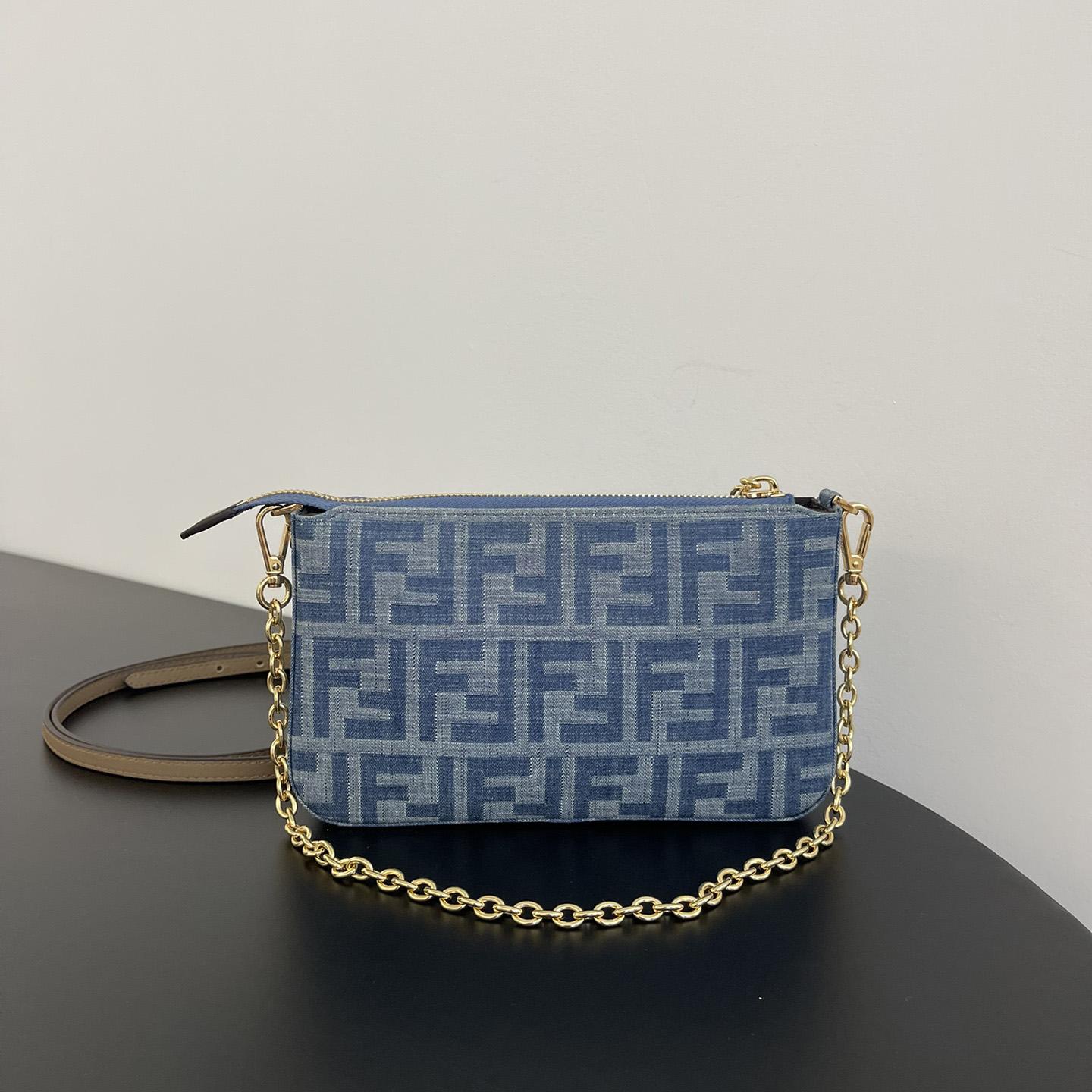Fendi Baguette Pouch Light Blue FF Denim Fabric Pouch With Chain - 