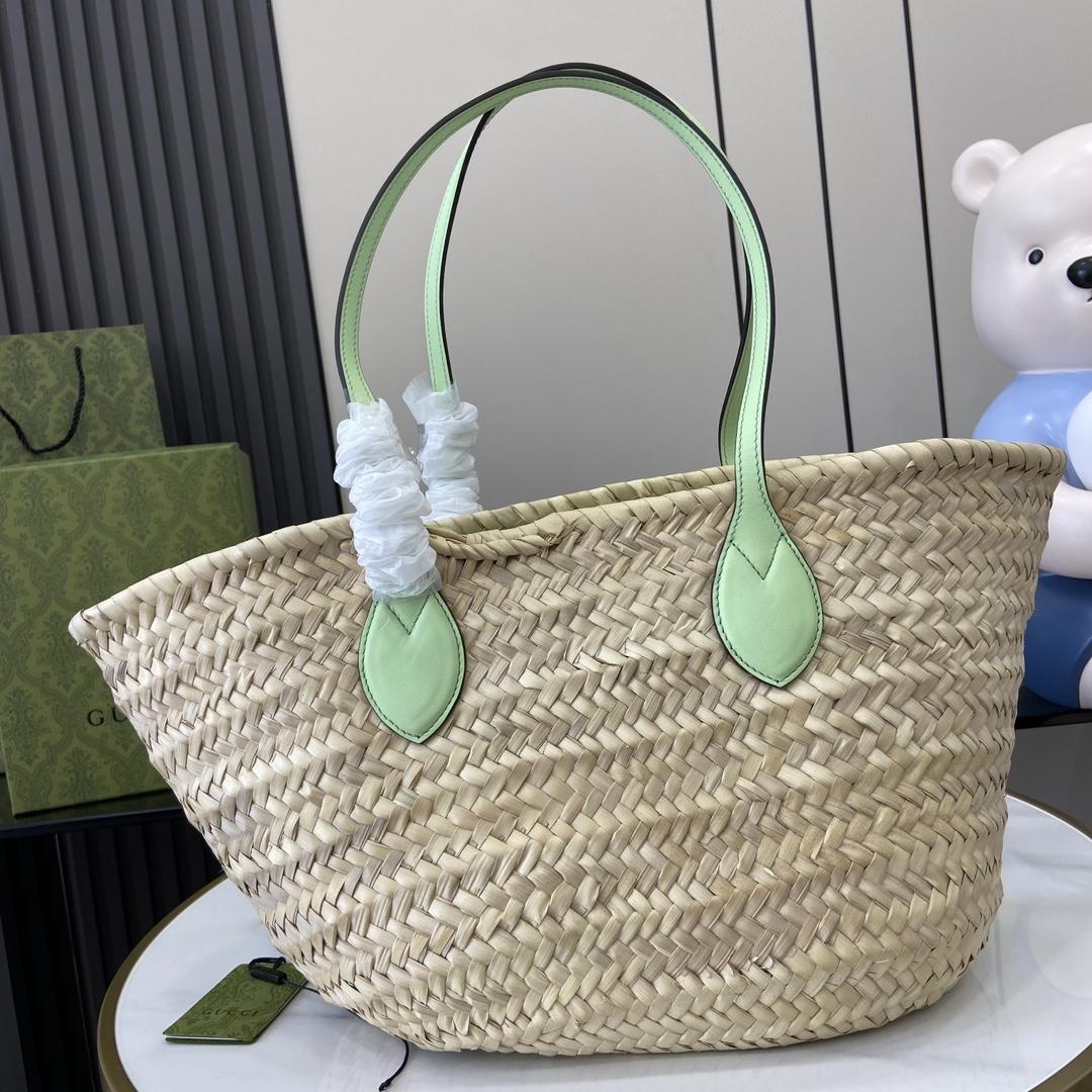 Gucci Small Straw Tote With Gucci Logo - PerfectKickZ
