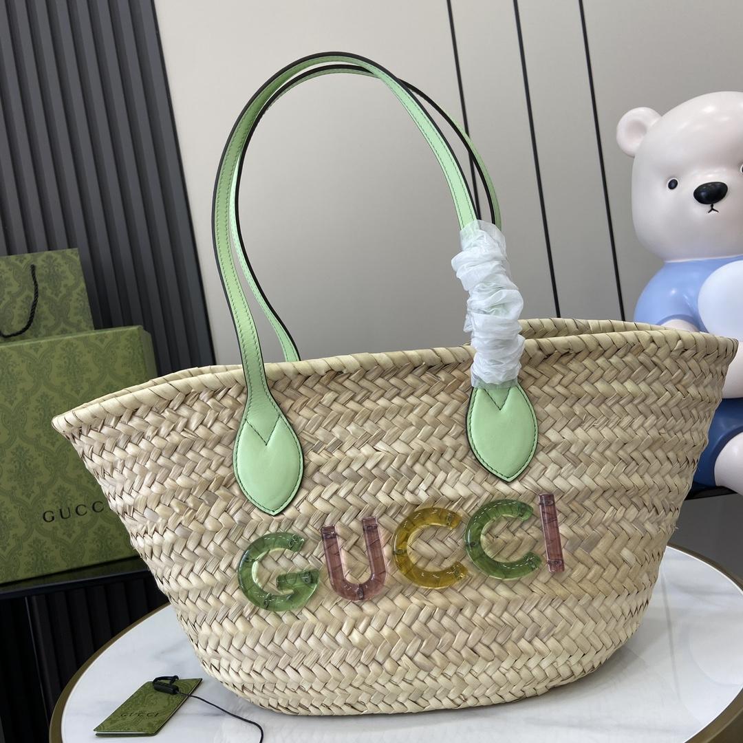 Gucci Small Straw Tote With Gucci Logo - PerfectKickZ