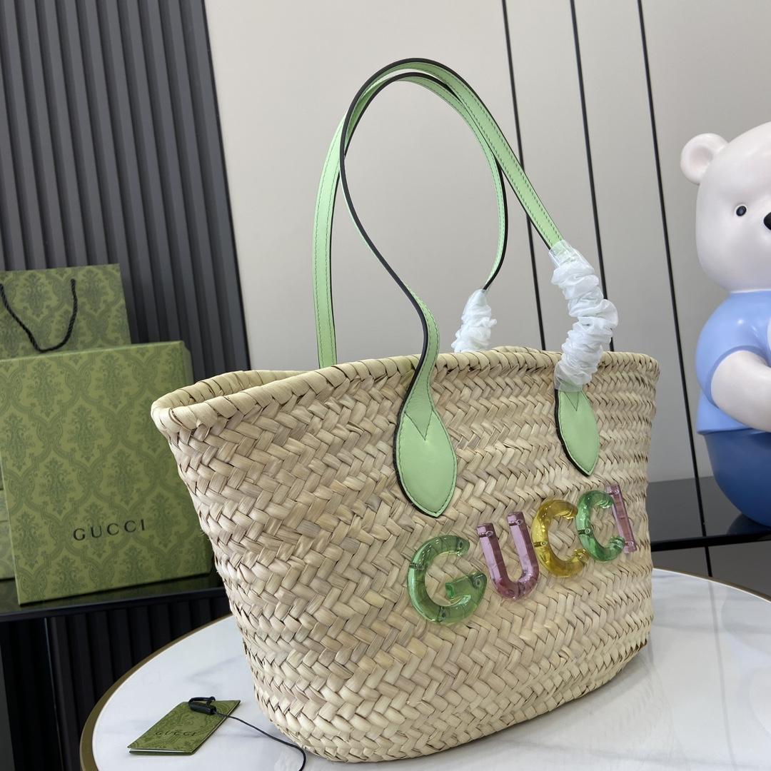 Gucci Small Straw Tote With Gucci Logo - PerfectKickZ