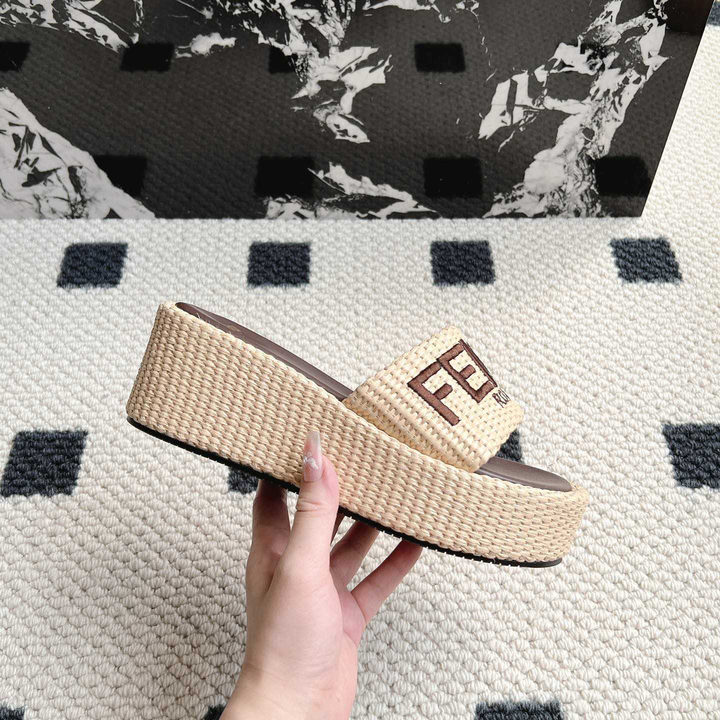 Fendi Sunshine Beige Cotton Fiber Flatform Slides - 