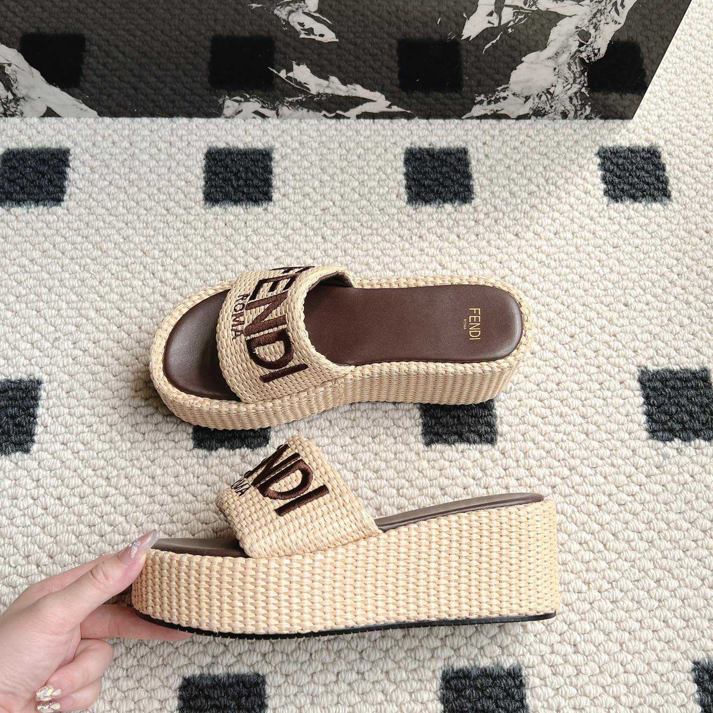 Fendi Sunshine Beige Cotton Fiber Flatform Slides - 