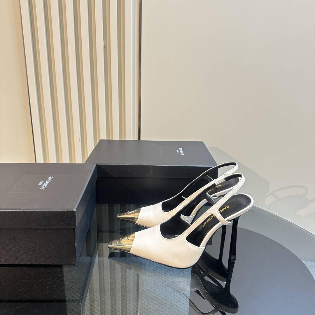 Saint Laurent Women's White Jeanne 100 Leather Slingback Pumps - PerfectKickZ