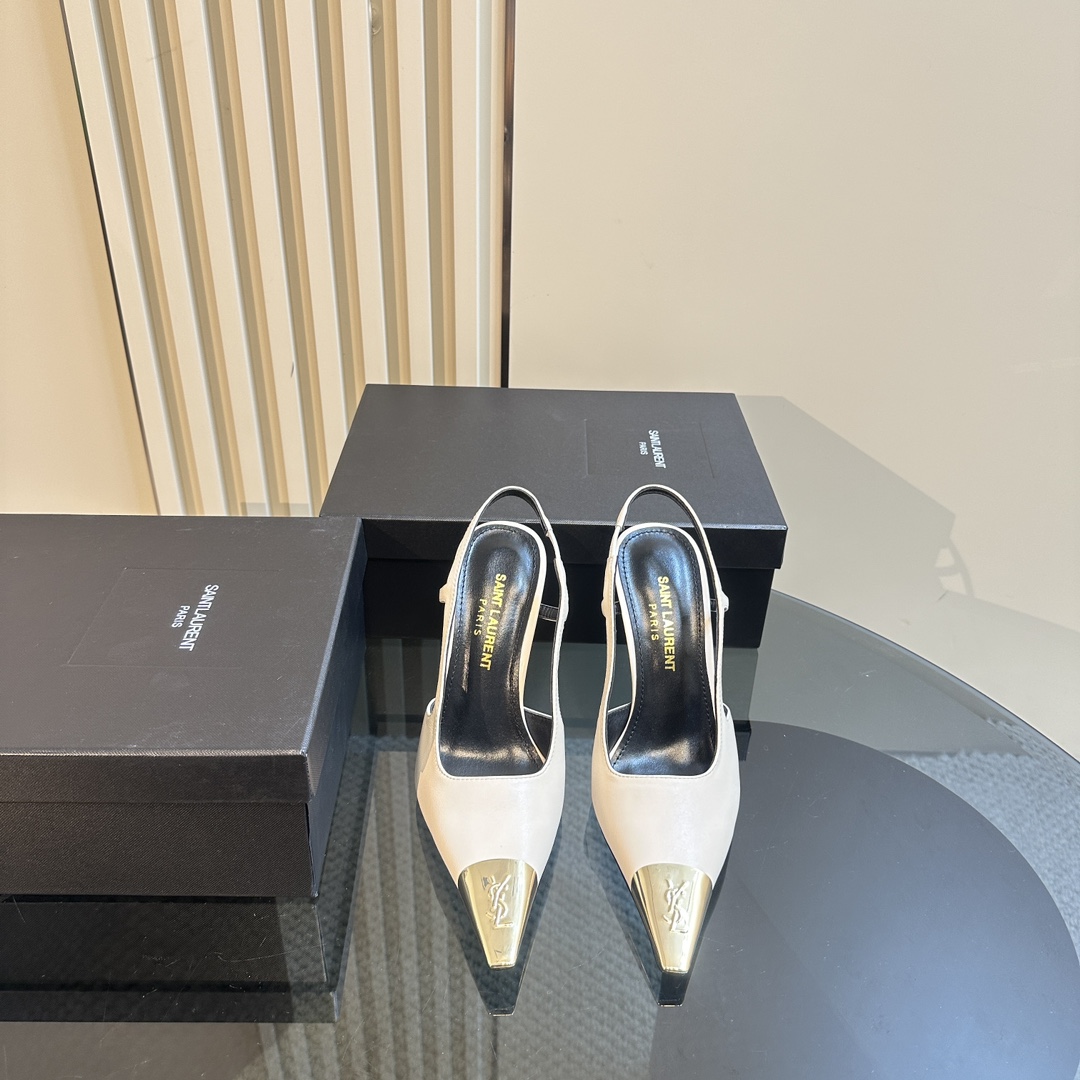 Saint Laurent Women's White Jeanne 100 Leather Slingback Pumps - PerfectKickZ