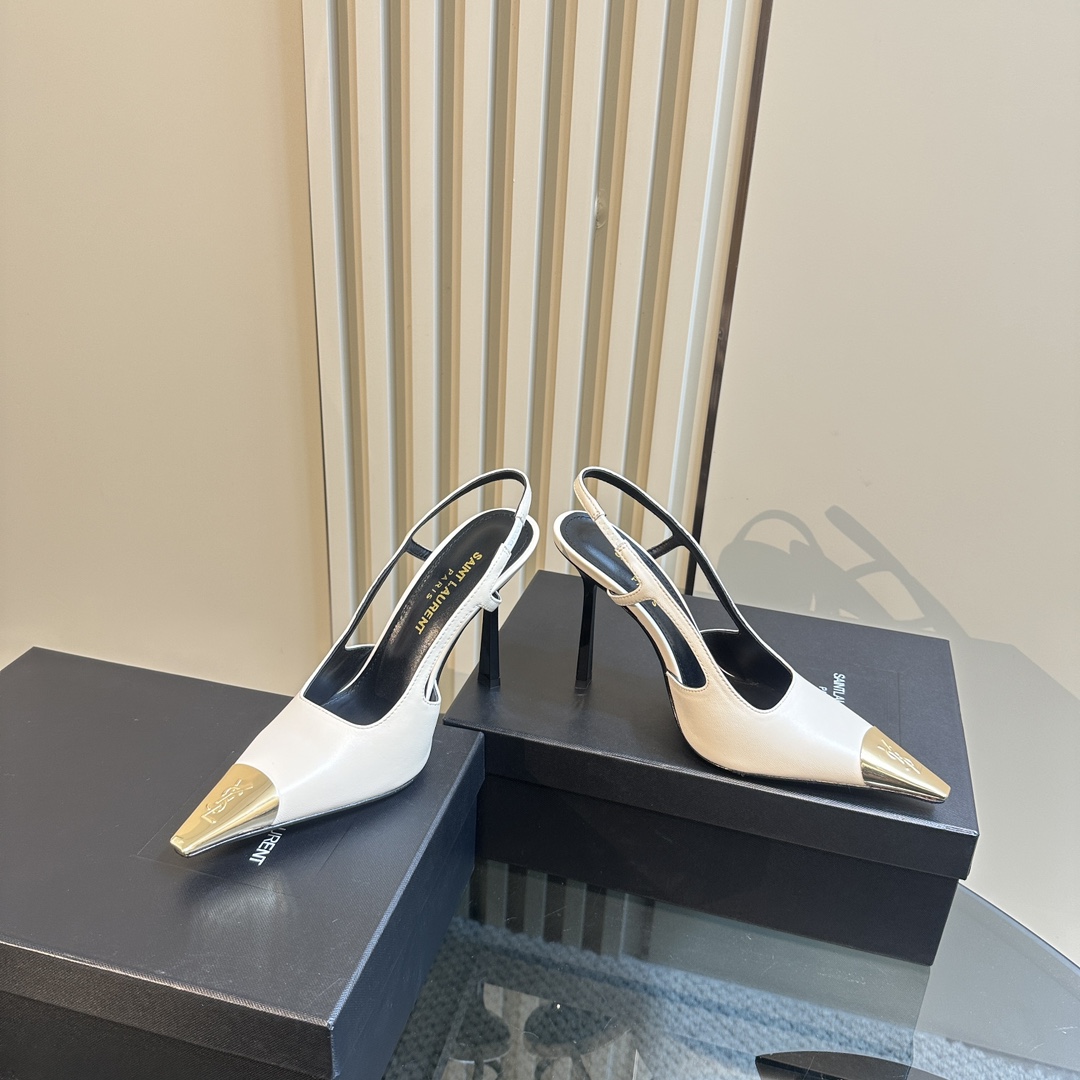 Saint Laurent Women's White Jeanne 100 Leather Slingback Pumps - PerfectKickZ