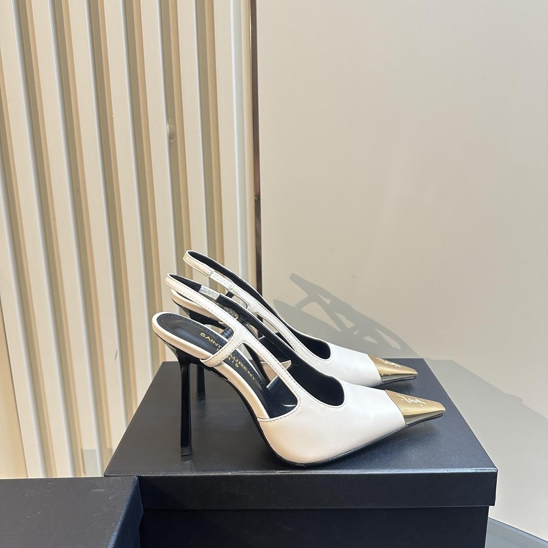 Saint Laurent Women's White Jeanne 100 Leather Slingback Pumps - PerfectKickZ