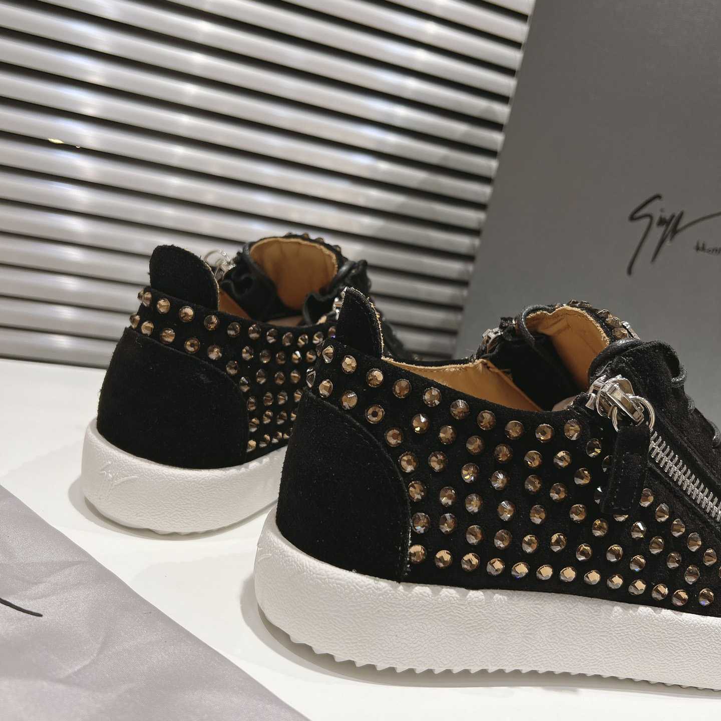 Giuseppe Zanotti Black Suede Crystal May London Sneakers - PerfectKickZ
