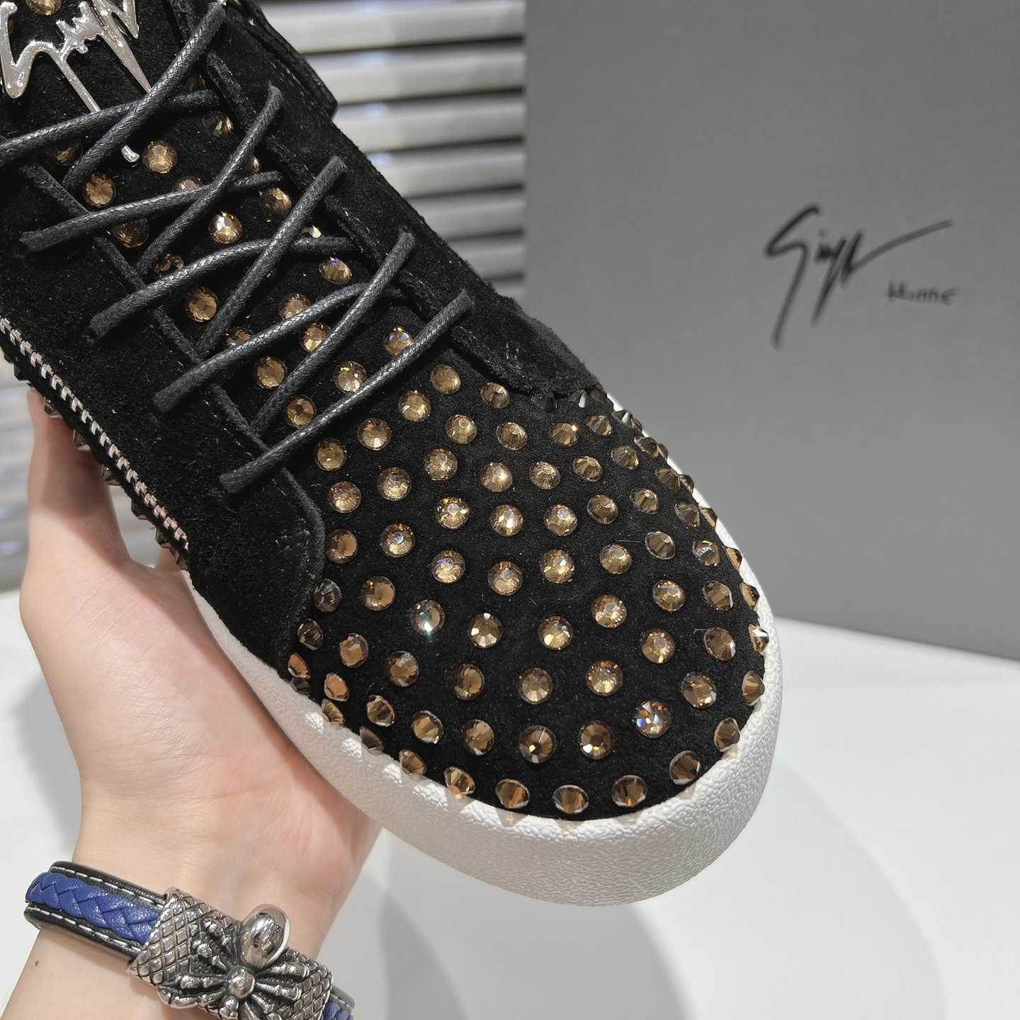 Giuseppe Zanotti Black Suede Crystal May London Sneakers - PerfectKickZ
