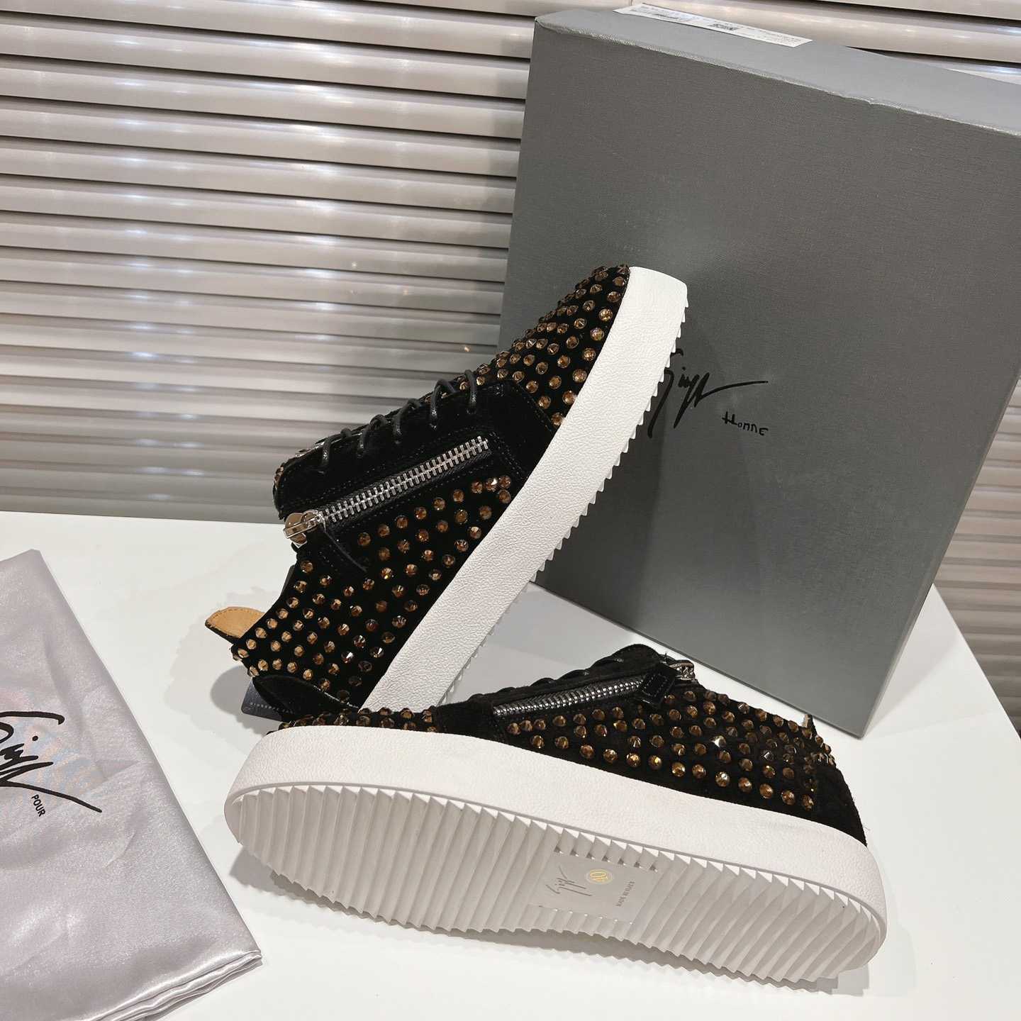 Giuseppe Zanotti Black Suede Crystal May London Sneakers - PerfectKickZ