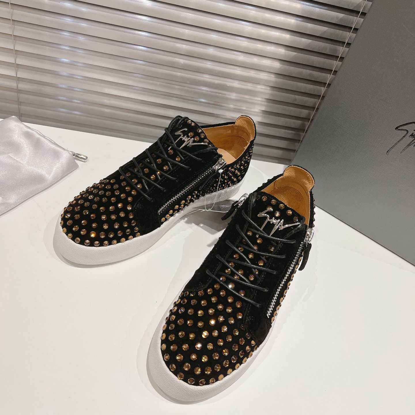 Giuseppe Zanotti Black Suede Crystal May London Sneakers - PerfectKickZ
