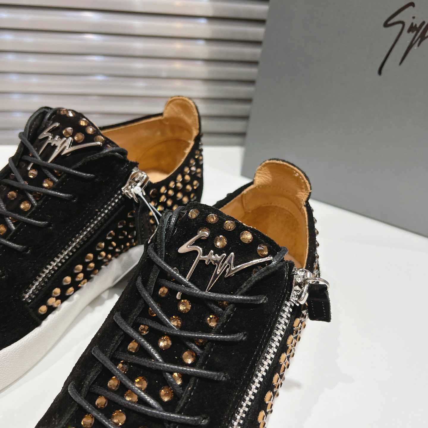 Giuseppe Zanotti Black Suede Crystal May London Sneakers - PerfectKickZ