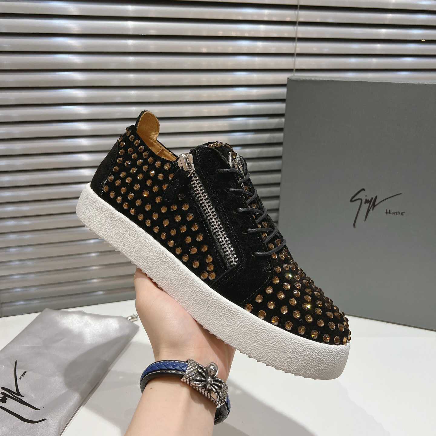 Giuseppe Zanotti Black Suede Crystal May London Sneakers - PerfectKickZ