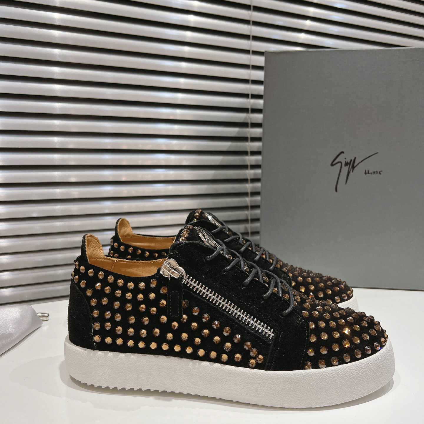 Giuseppe Zanotti Black Suede Crystal May London Sneakers - PerfectKickZ