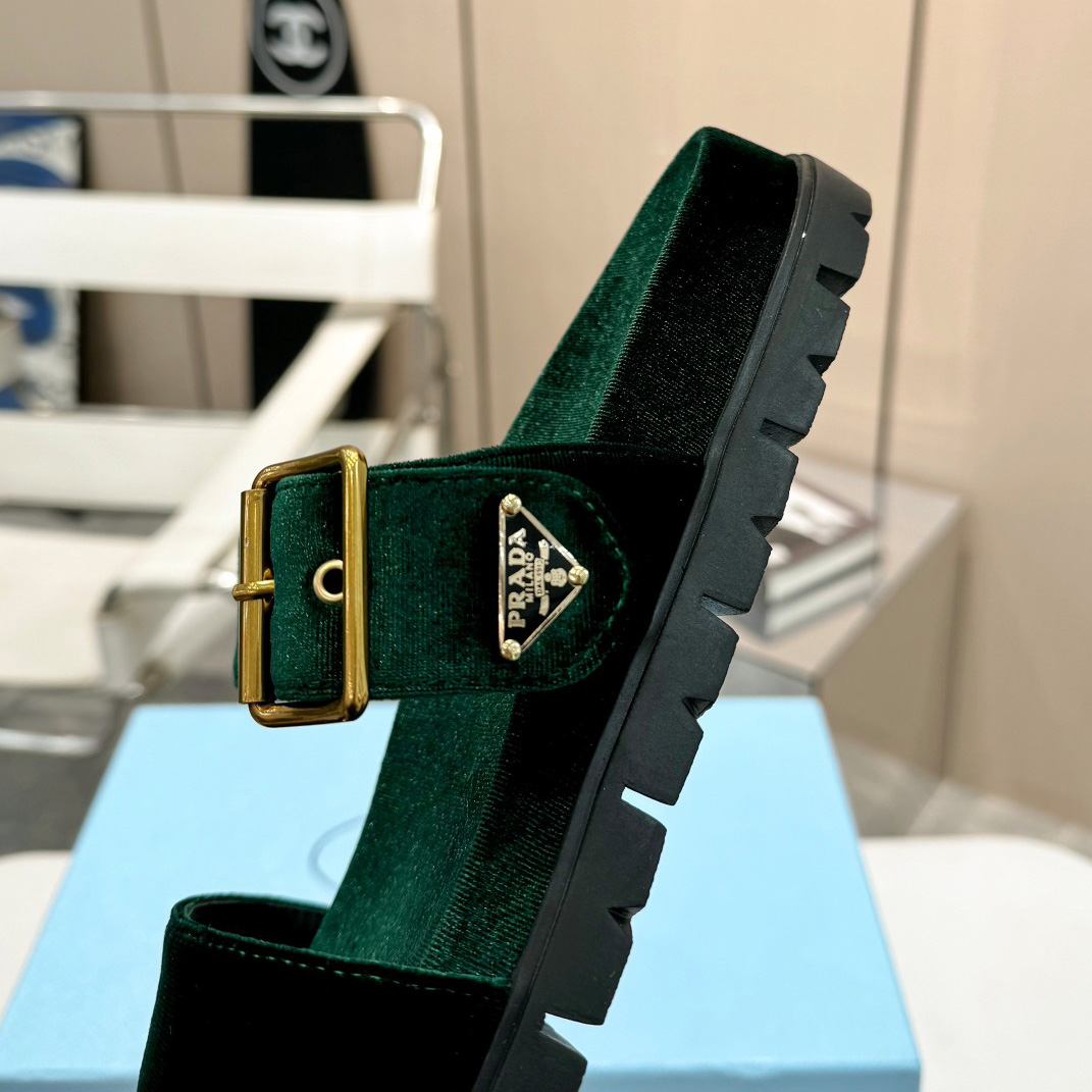 Prada Green Velvet Buckle Slides - PerfectKickZ
