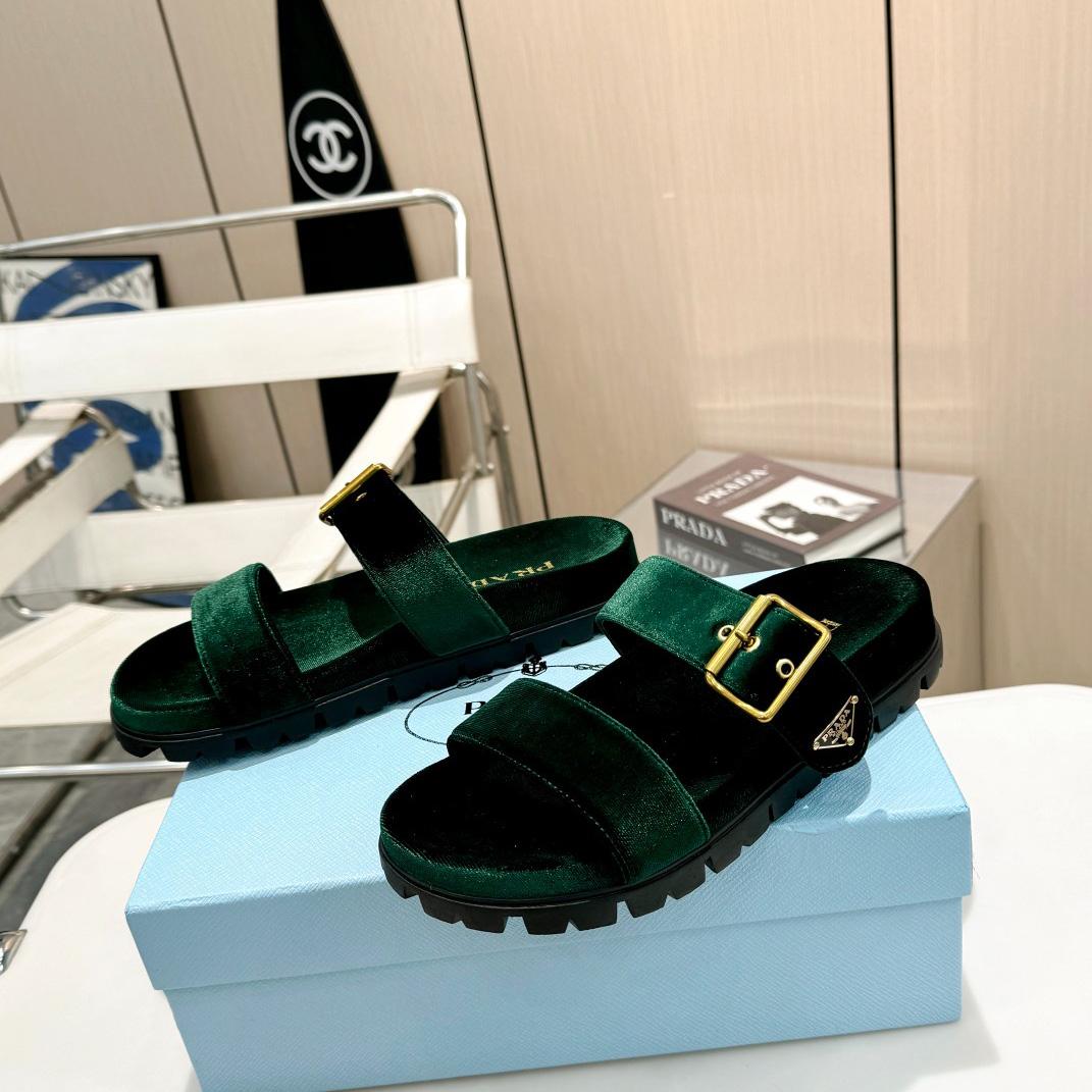 Prada Green Velvet Buckle Slides - PerfectKickZ