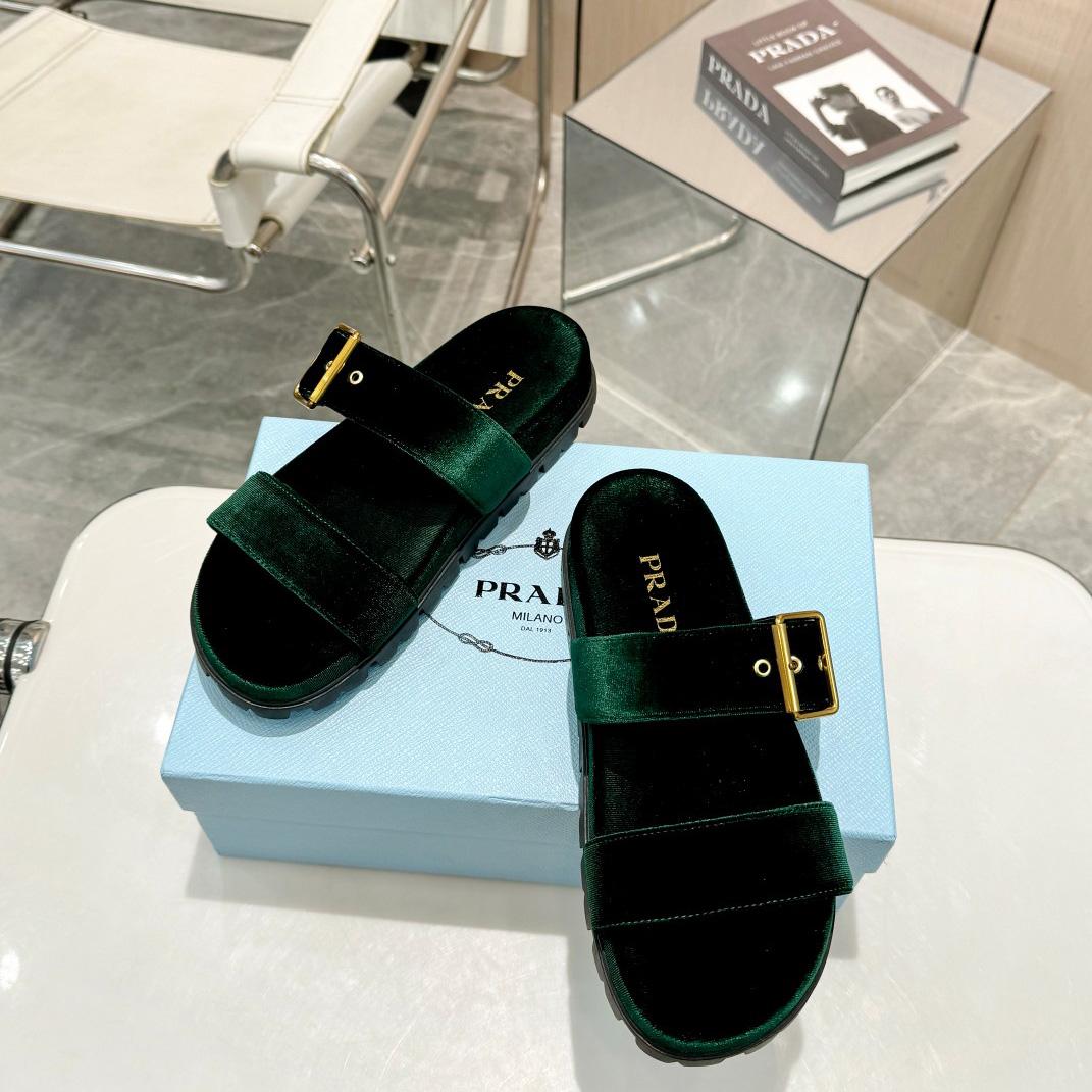 Prada Green Velvet Buckle Slides - PerfectKickZ