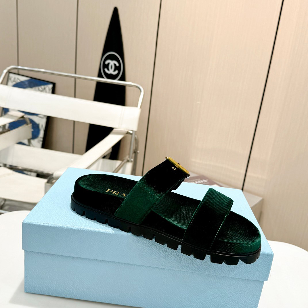 Prada Green Velvet Buckle Slides - PerfectKickZ