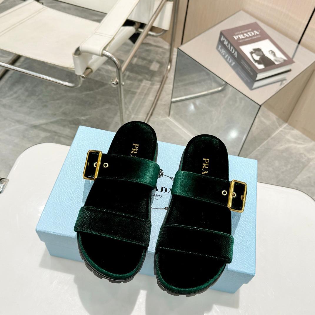 Prada Green Velvet Buckle Slides - PerfectKickZ
