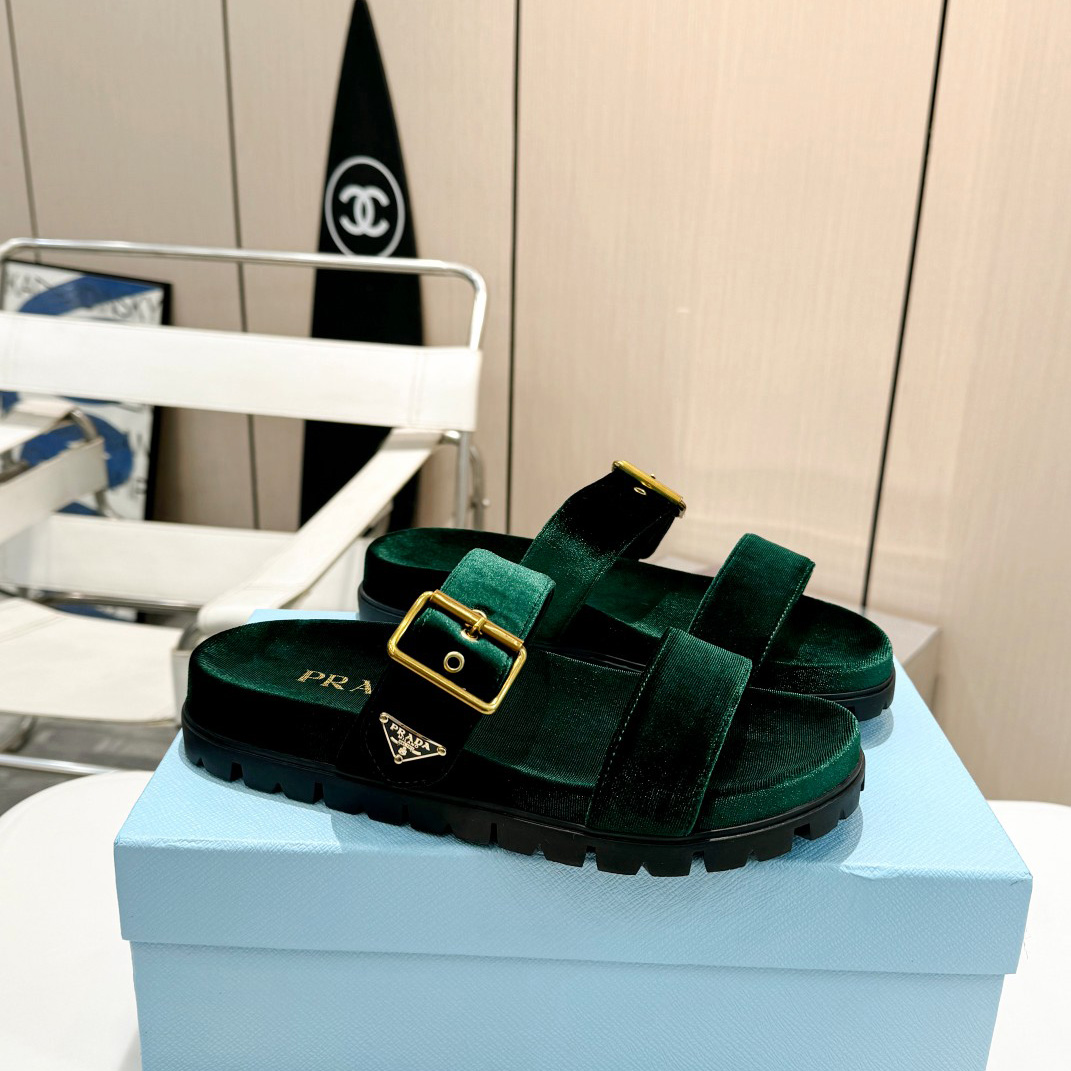 Prada Green Velvet Buckle Slides - PerfectKickZ