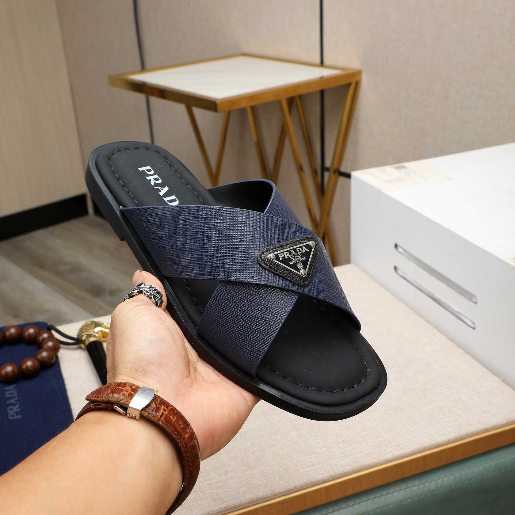 Prada Saffiano Leather Crisscross Sandals - PerfectKickZ