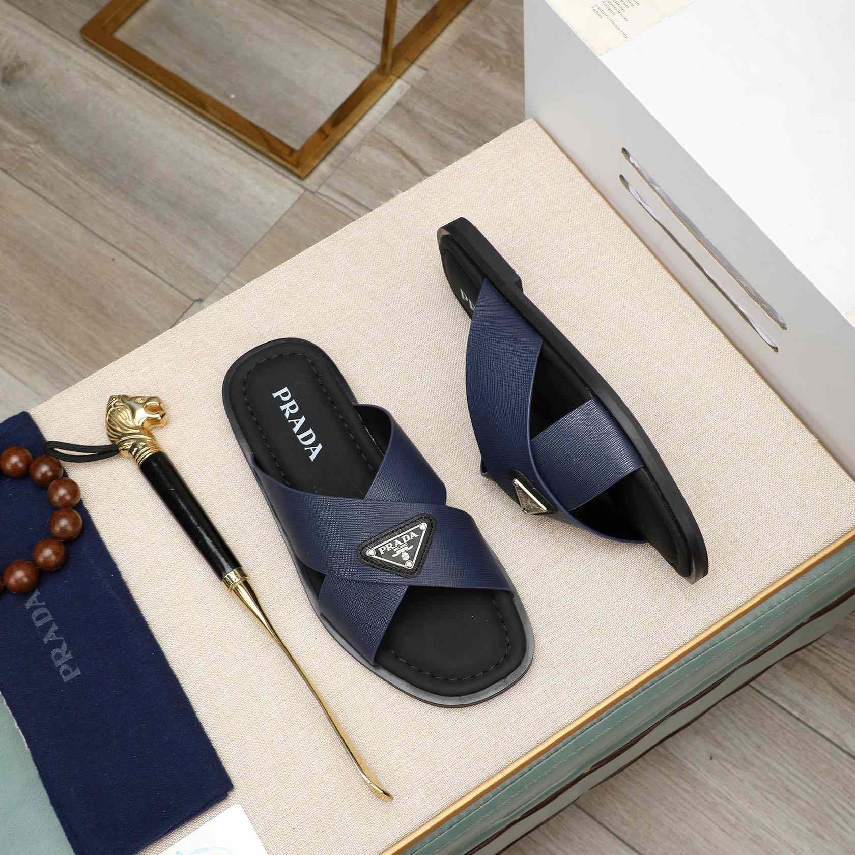 Prada Saffiano Leather Crisscross Sandals - PerfectKickZ