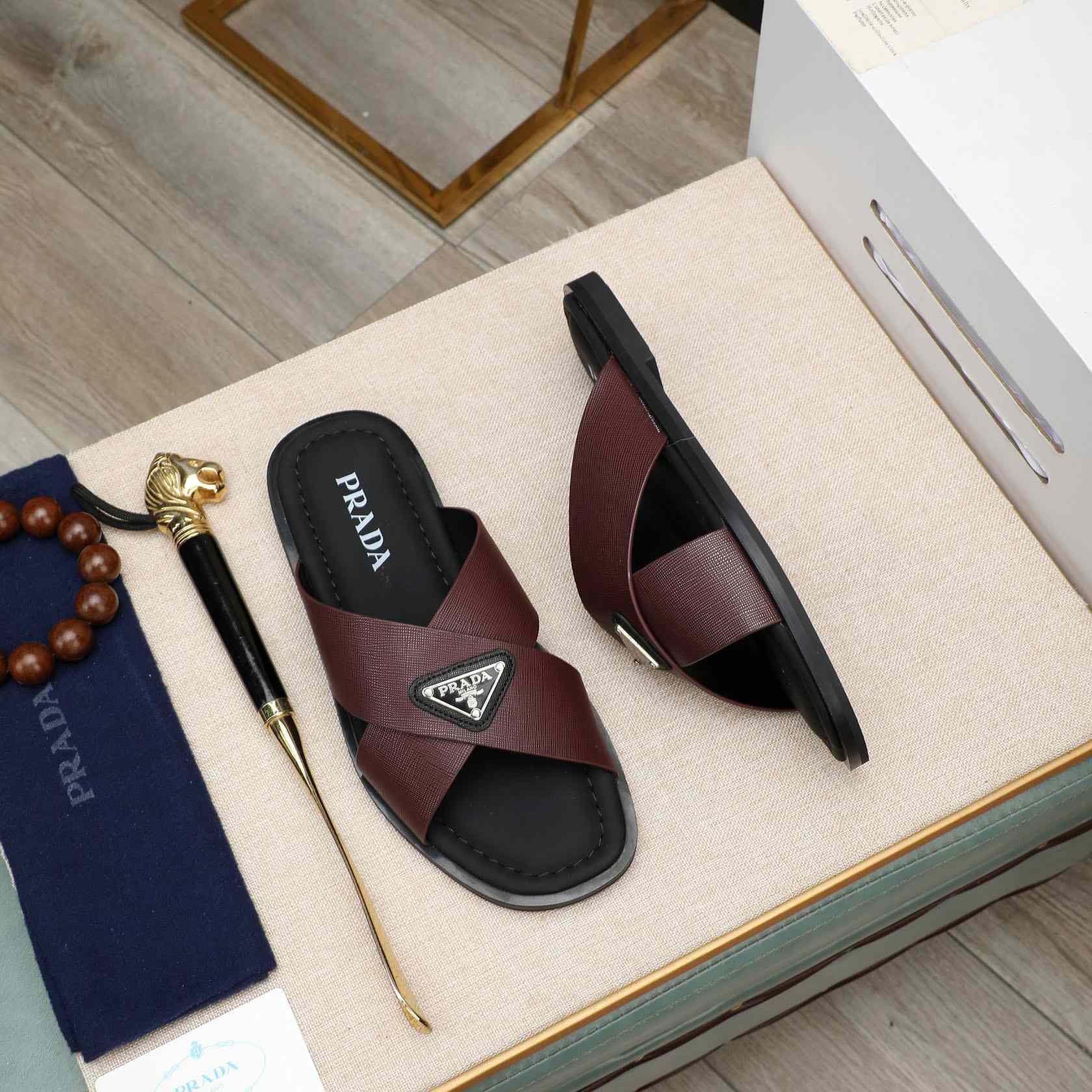 Prada Saffiano Leather Crisscross Sandals - PerfectKickZ