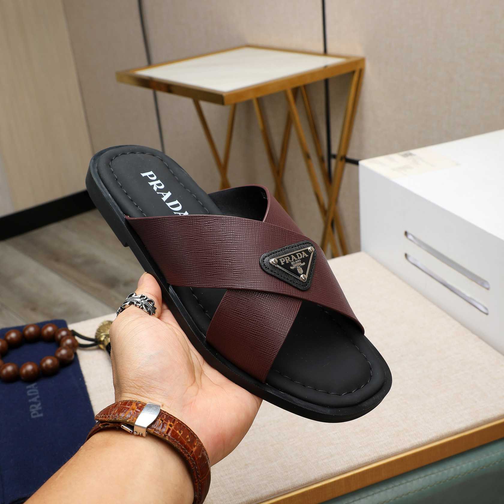 Prada Saffiano Leather Crisscross Sandals - PerfectKickZ