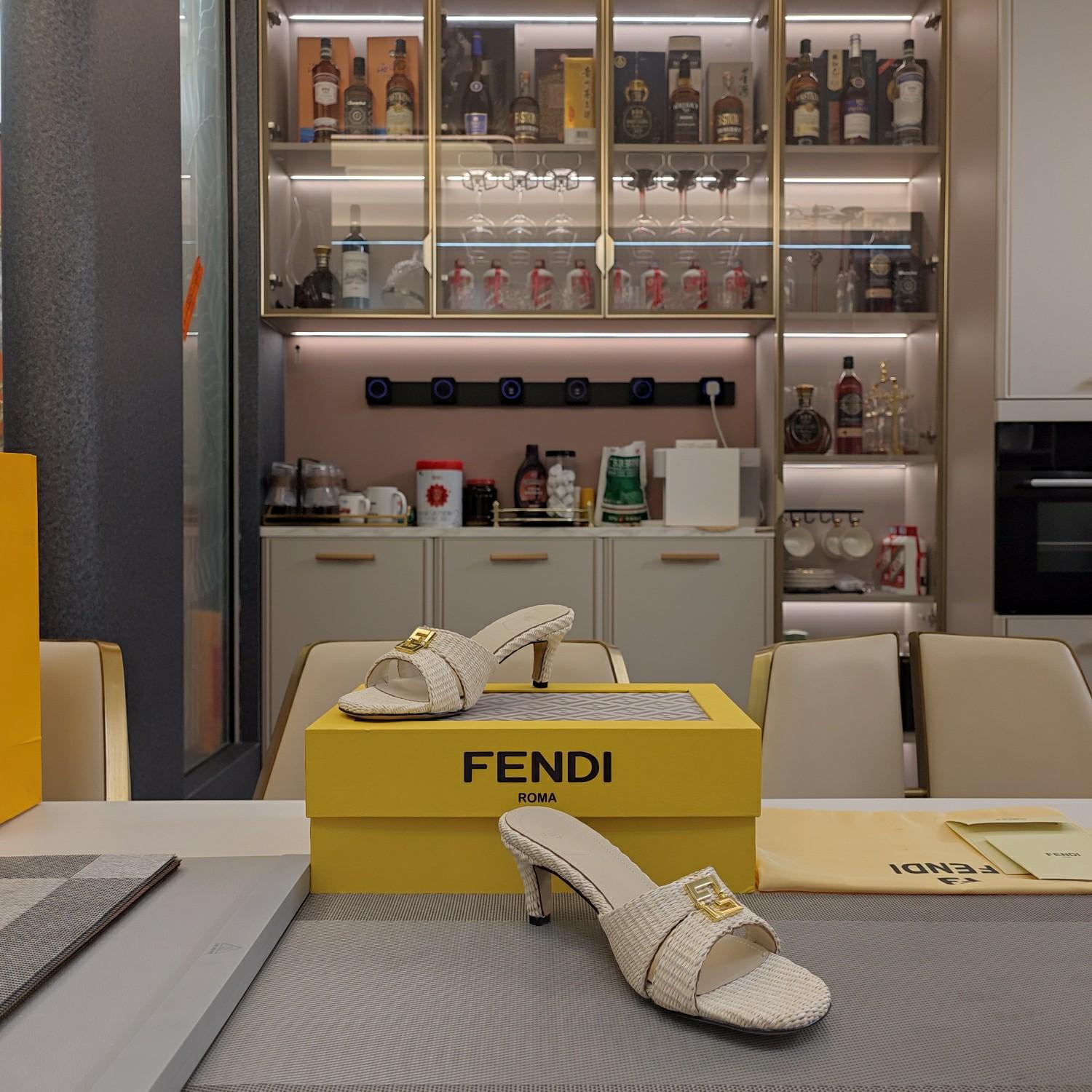 Fendi FFold Beige Cotton Fibre Medium-heel Sandals - PerfectKickZ