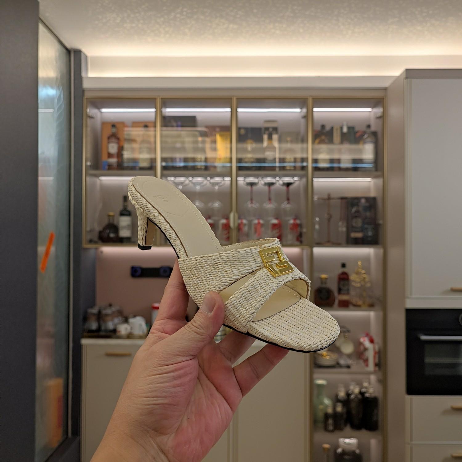 Fendi FFold Beige Cotton Fibre Medium-heel Sandals - PerfectKickZ