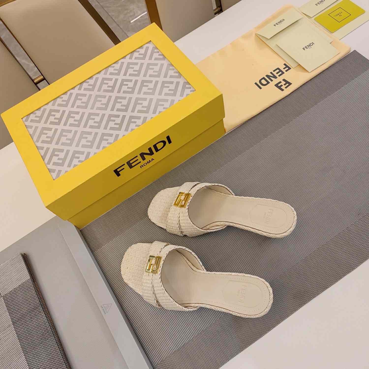 Fendi FFold Beige Cotton Fibre Medium-heel Sandals - PerfectKickZ