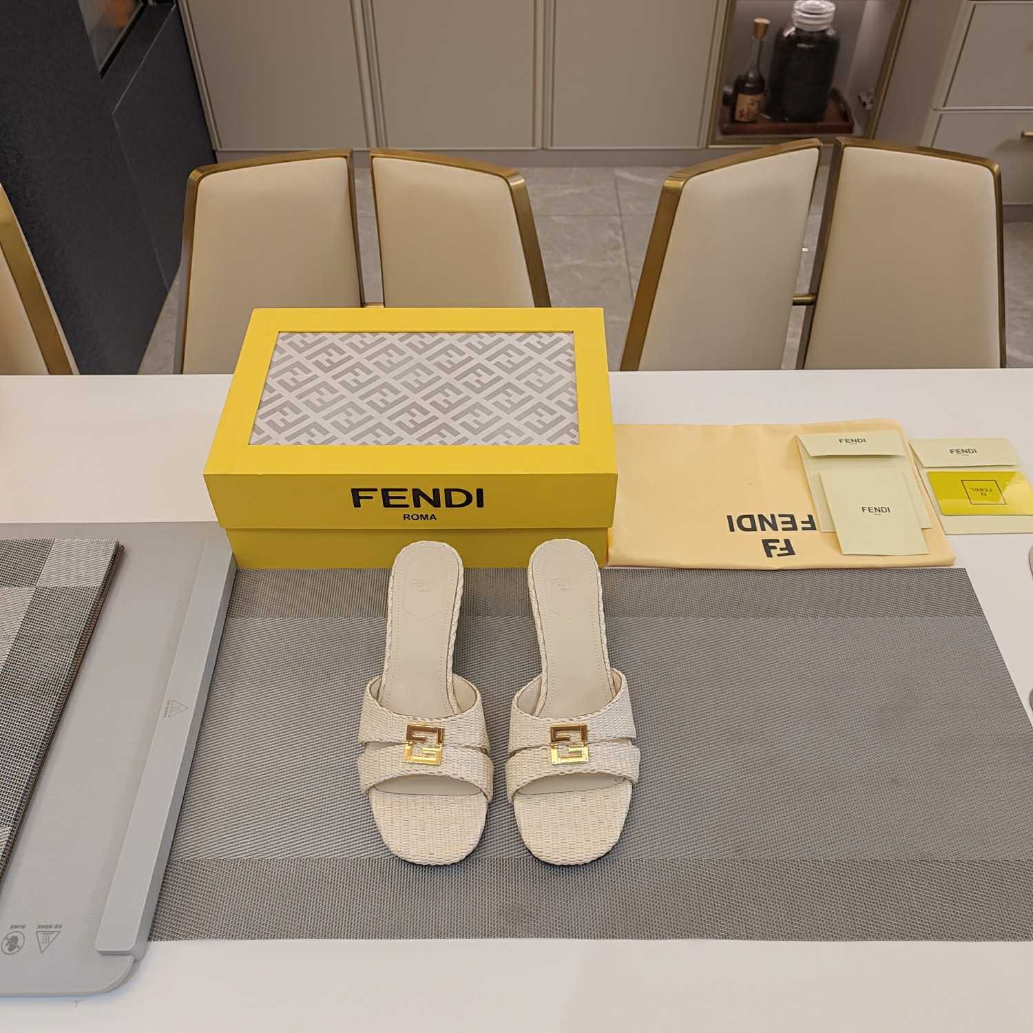 Fendi FFold Beige Cotton Fibre Medium-heel Sandals - PerfectKickZ