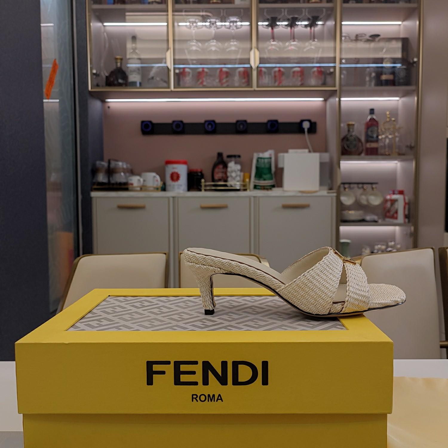 Fendi FFold Beige Cotton Fibre Medium-heel Sandals - PerfectKickZ