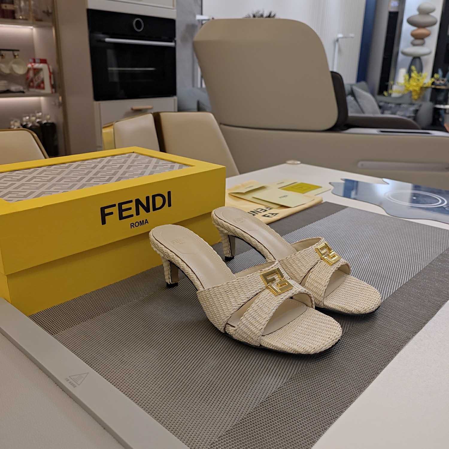 Fendi FFold Beige Cotton Fibre Medium-heel Sandals - PerfectKickZ