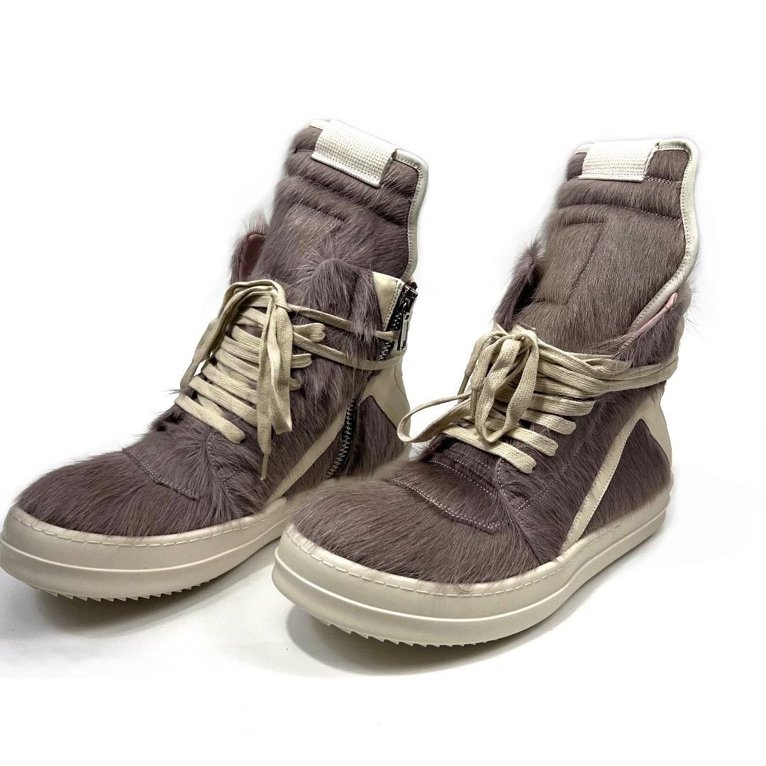 Rick Owens Geobasket Cow Fur Pale Pink Boots - PerfectKickZ