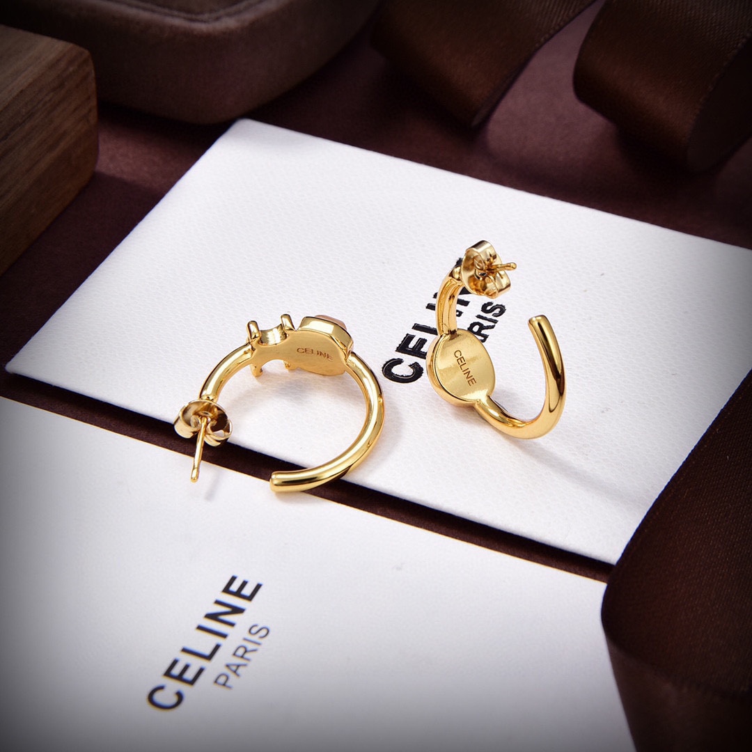 Celine Triomphe Indie Hoops In Brass With Gold Finish,Rutilated Quartz And Pink - 