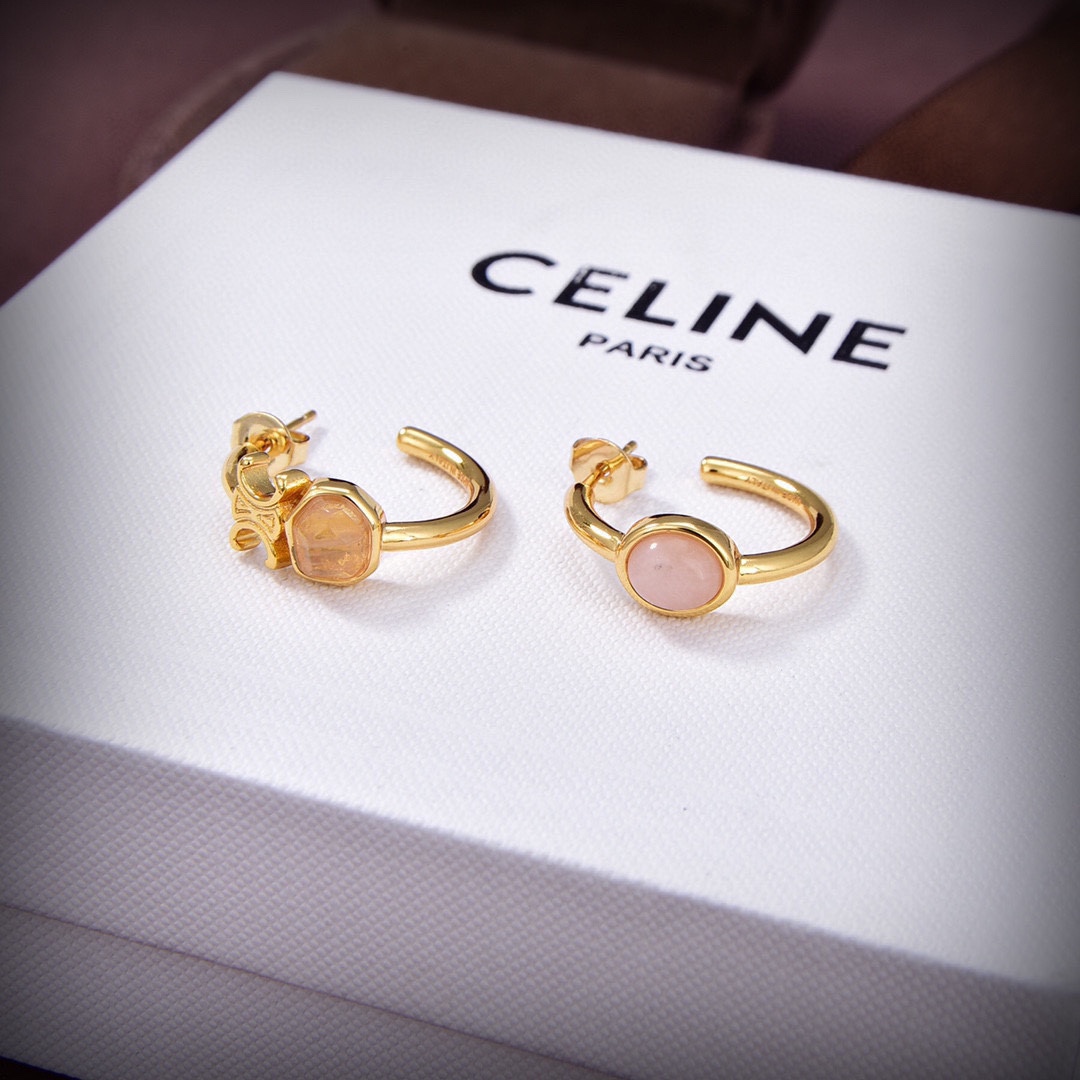 Celine Triomphe Indie Hoops In Brass With Gold Finish,Rutilated Quartz And Pink - PerfectKickZ