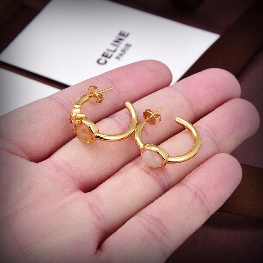 Celine Triomphe Indie Hoops In Brass With Gold Finish,Rutilated Quartz And Pink - 