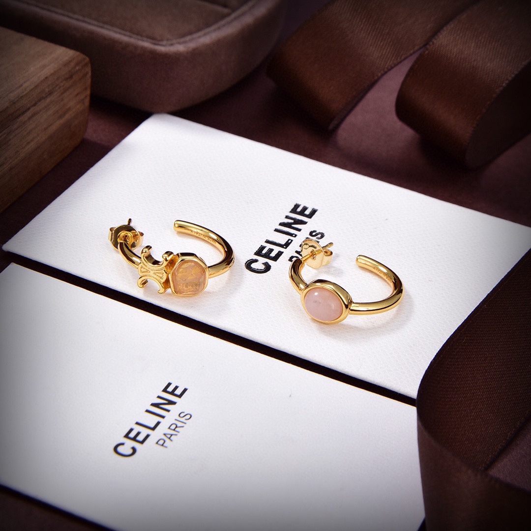 Celine Triomphe Indie Hoops In Brass With Gold Finish,Rutilated Quartz And Pink - 