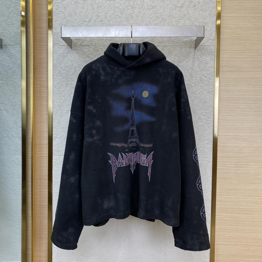 Balenciaga Paris Moon Crinkled Hoodie Large Fit In Black - PerfectKickZ