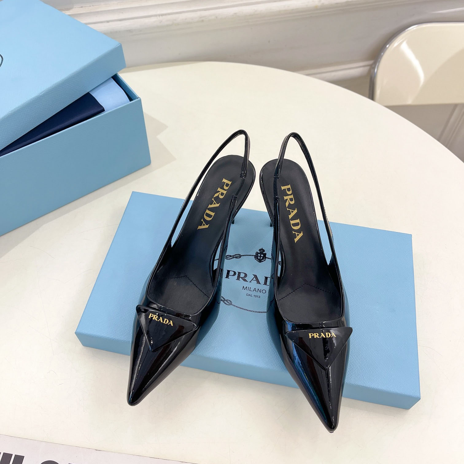 Prada 75m Patent Leather Slingback Pumps - PerfectKickZ