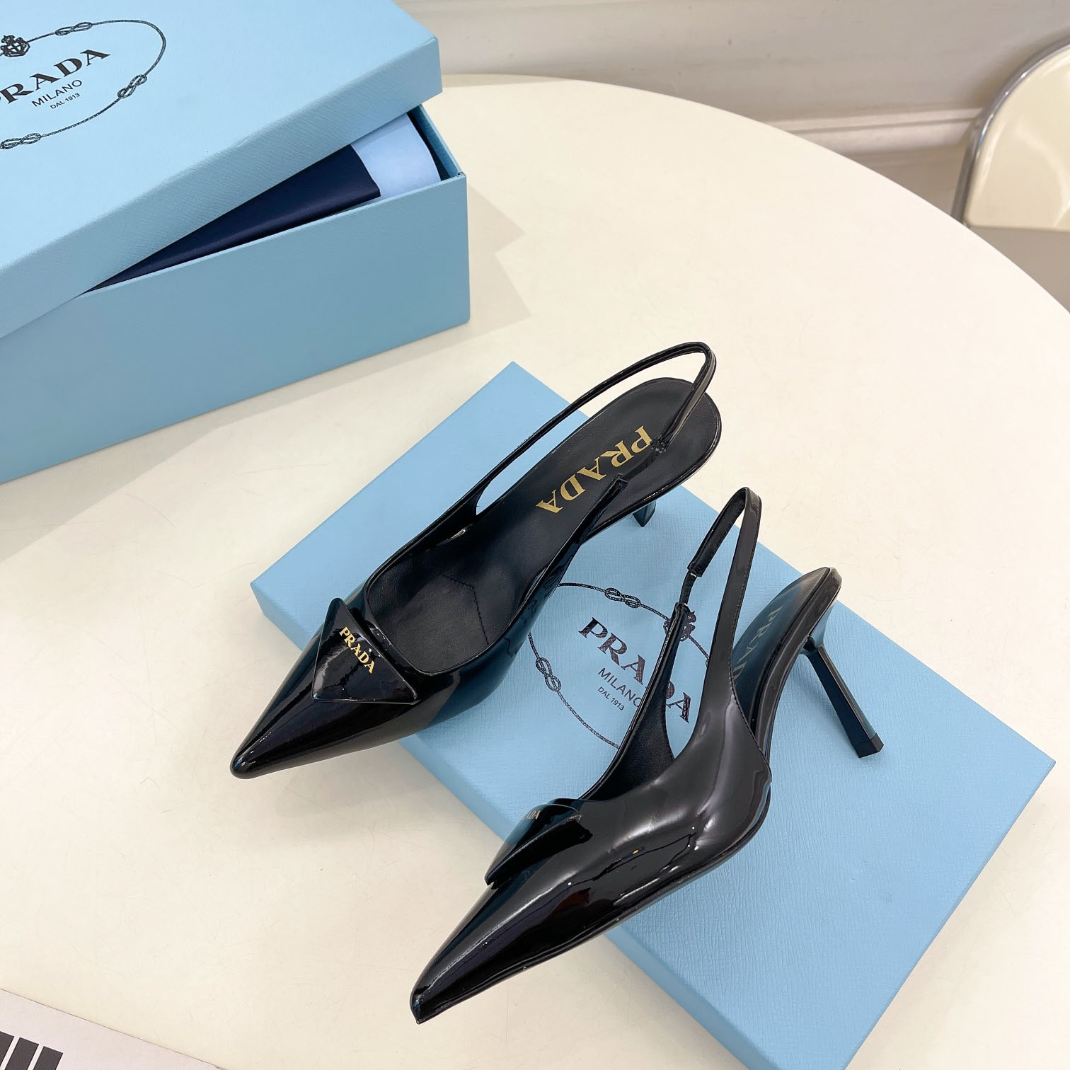 Prada 75m Patent Leather Slingback Pumps - PerfectKickZ