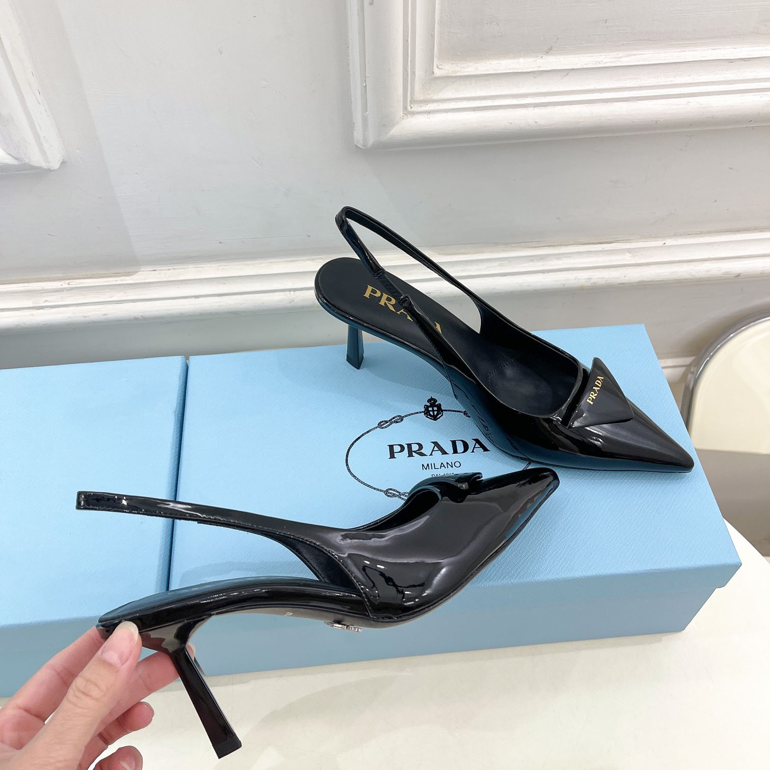 Prada 75m Patent Leather Slingback Pumps - PerfectKickZ